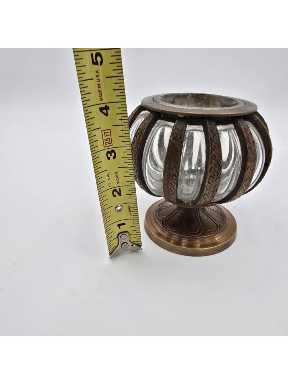 Asian Vintage Brass & Bubble Pedestal Vase With Ornamental Design Clear & Brown - Picture 8 of 8
